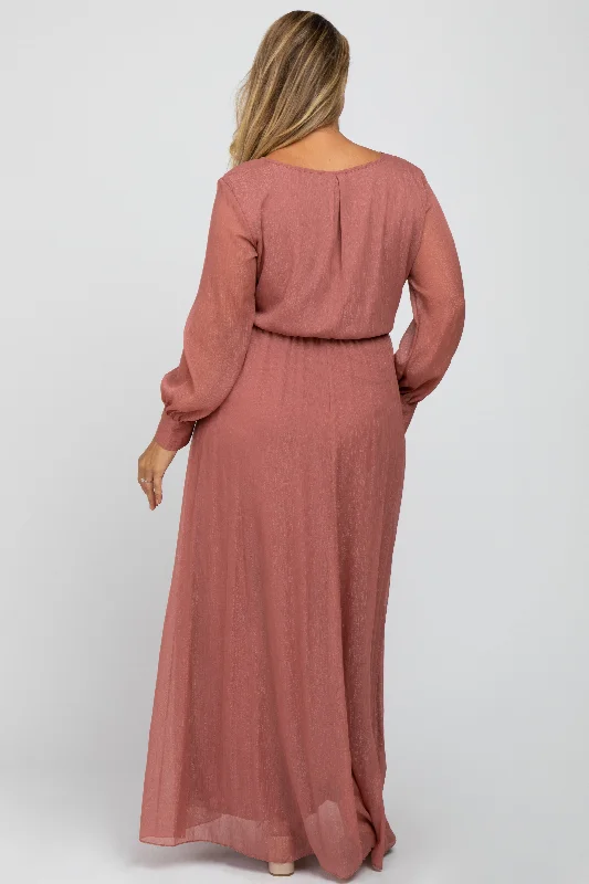 Pink Metallic Chiffon Maternity Plus Maxi Dress