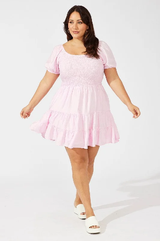 Pink Mini Dress Shirred Bodice Puff Sleeve Tiered Hem