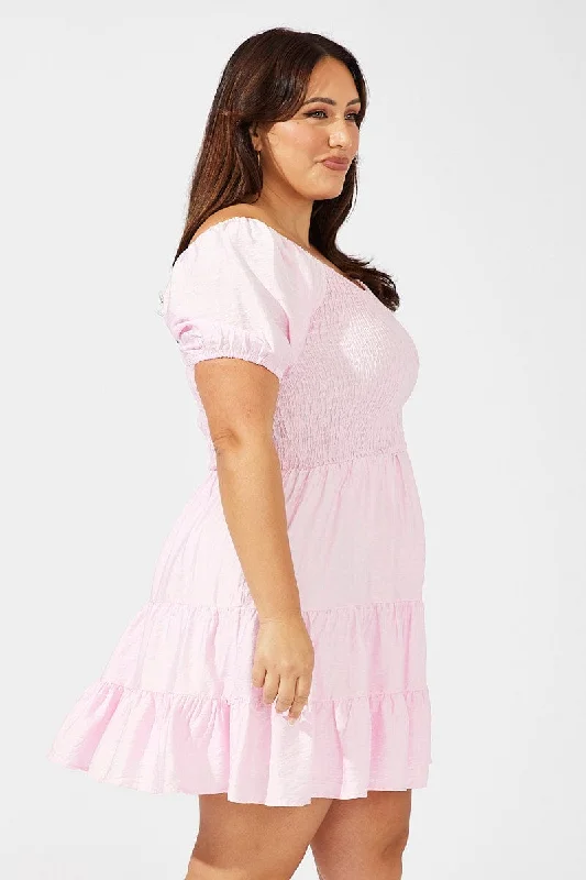 Pink Mini Dress Shirred Bodice Puff Sleeve Tiered Hem