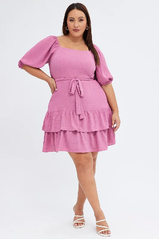 Pink Mini Dress Short Puff Sleeve Textured Waist Tie