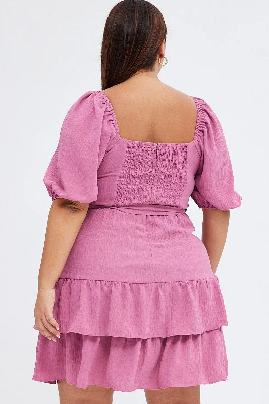 Pink Mini Dress Short Puff Sleeve Textured Waist Tie