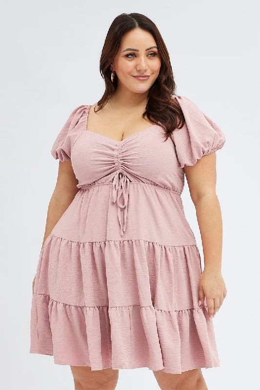 Pink Skater Dress Textured Peephole Drawstring Bust