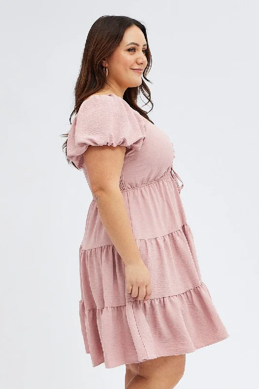 Pink Skater Dress Textured Peephole Drawstring Bust