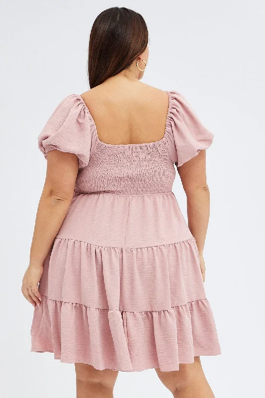 Pink Skater Dress Textured Peephole Drawstring Bust