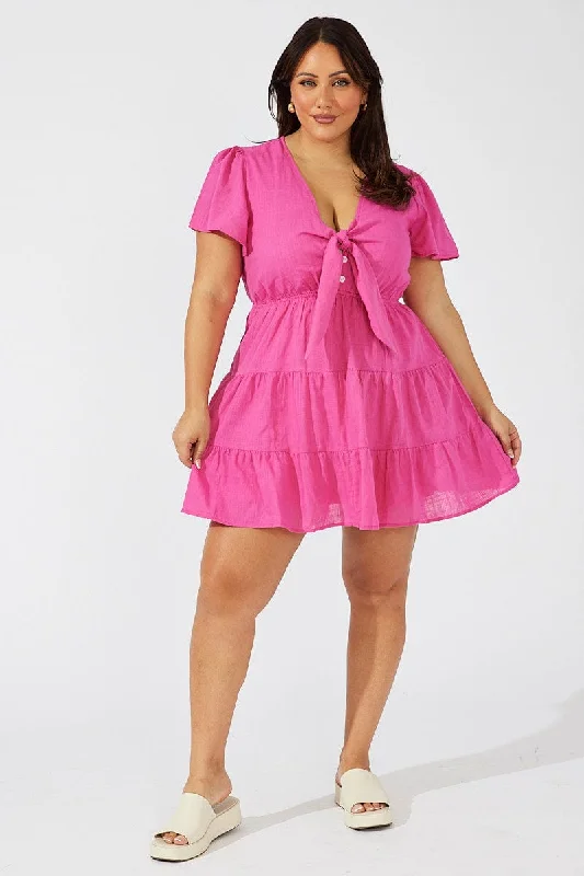 Pink Tie Front Texture Minidress