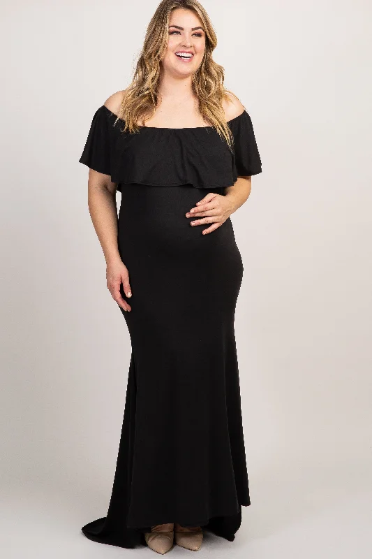 PinkBlush Black Ruffle Off Shoulder Mermaid Maternity Plus Photoshoot Gown/Dress