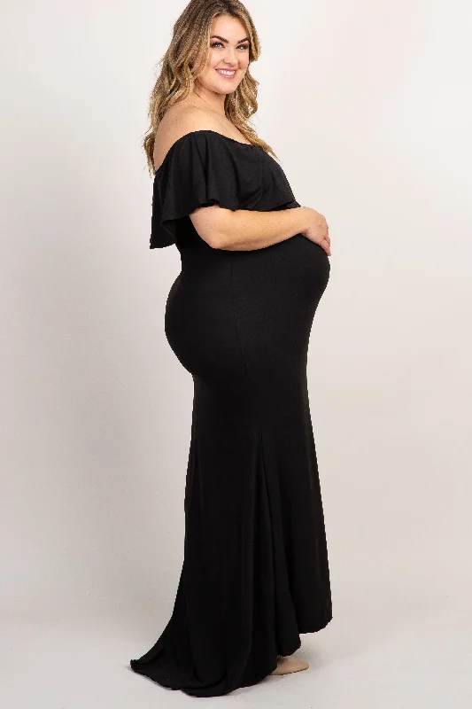 PinkBlush Black Ruffle Off Shoulder Mermaid Maternity Plus Photoshoot Gown/Dress