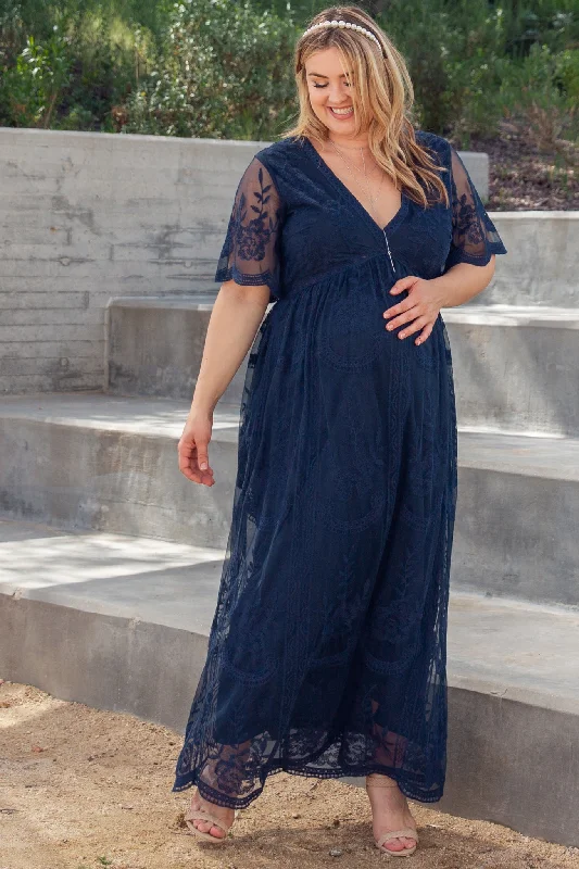 PinkBlush Navy Lace Mesh Overlay Plus Maternity Maxi Dress