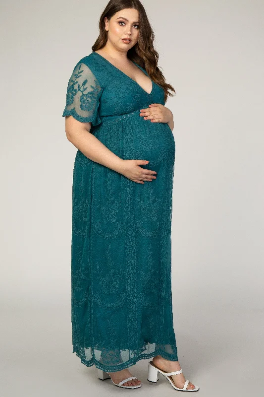 PinkBlush Teal Lace Mesh Overlay Plus Maternity Maxi Dress