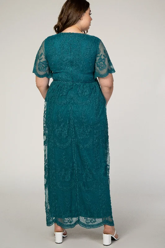 PinkBlush Teal Lace Mesh Overlay Plus Maternity Maxi Dress