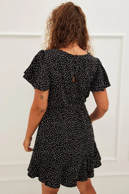 Print Short Sleeve Wrap Front Frill Skater Dress