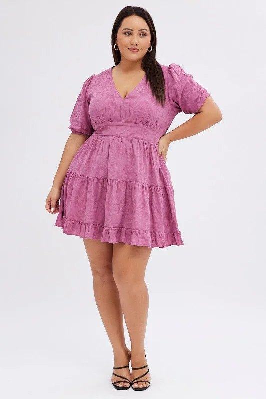 Purple Skater Dress Short Puff Sleeve Textured