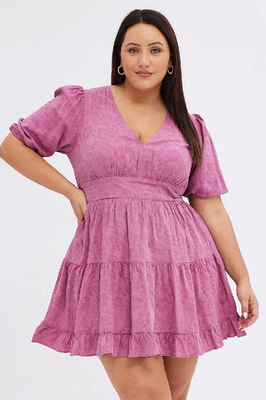 Purple Skater Dress Short Puff Sleeve Textured