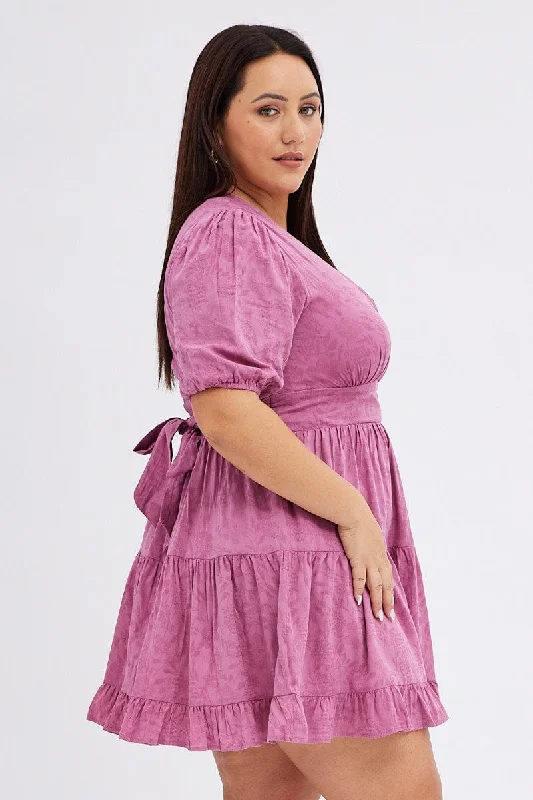 Purple Skater Dress Short Puff Sleeve Textured