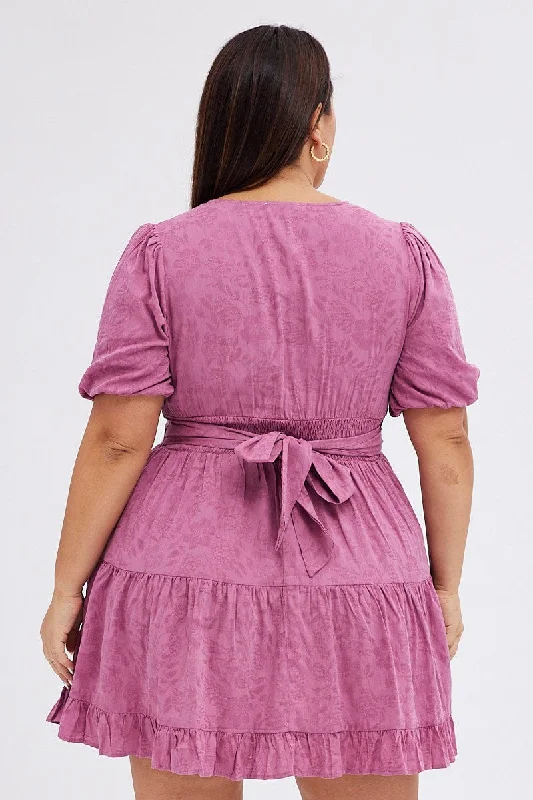 Purple Skater Dress Short Puff Sleeve Textured