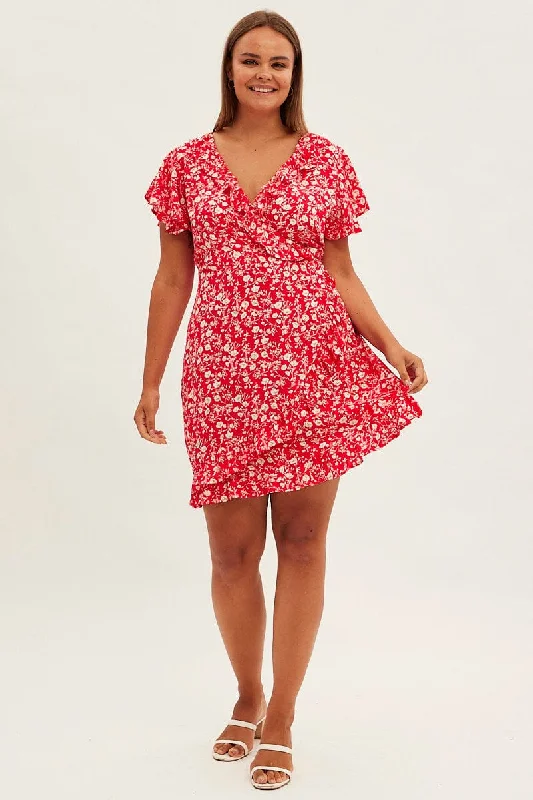 Red Ditsy Wrapover Frill Detail Dress Rayon