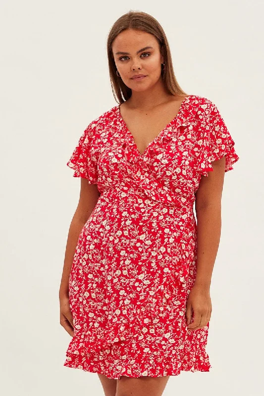 Red Ditsy Wrapover Frill Detail Dress Rayon