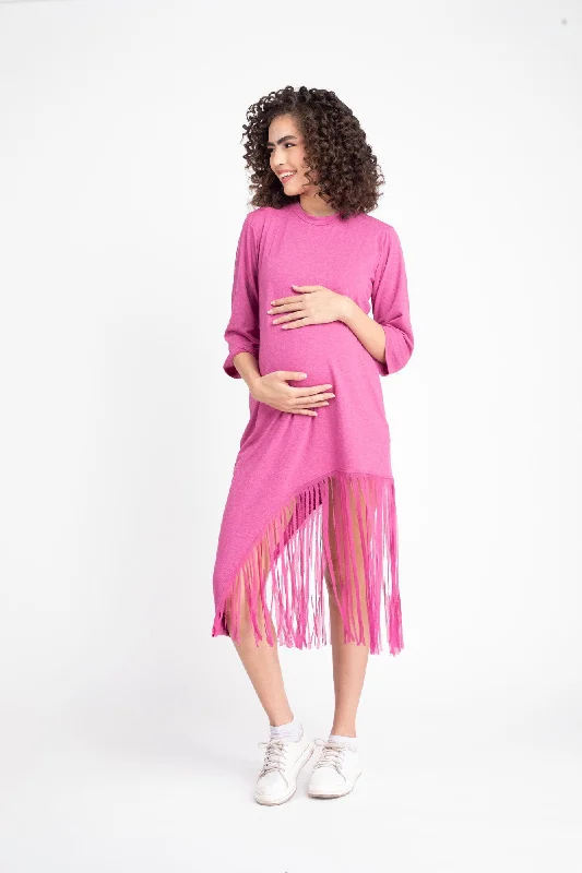 Sizzling Dusty Pink Maternity Fringe Dress