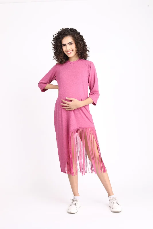 Sizzling Dusty Pink Maternity Fringe Dress