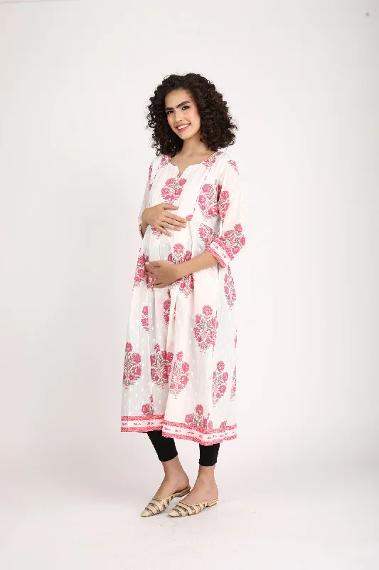 Snow White Front Zip Nursing Kurta (100% Cotton)