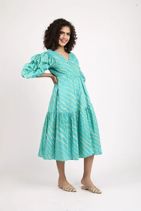 Teal Green Stripe Maternity & Nursing Frill Wrap Dress (100% Cotton)