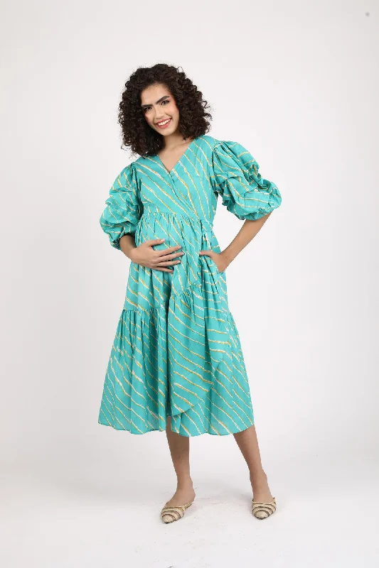 Teal Green Stripe Maternity & Nursing Frill Wrap Dress (100% Cotton)