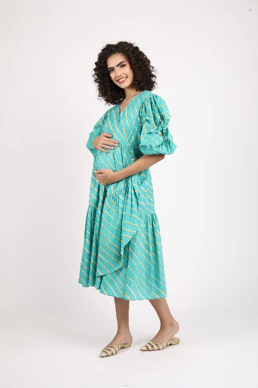 Teal Green Stripe Maternity & Nursing Frill Wrap Dress (100% Cotton)