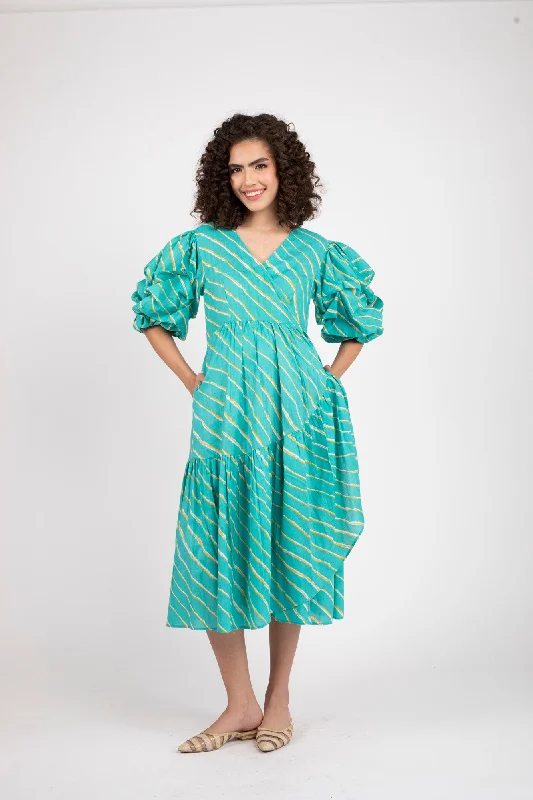 Teal Green Stripe Maternity & Nursing Frill Wrap Dress (100% Cotton)