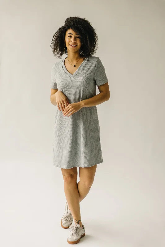 The Nyman Ribbed V-Neck Tee Dress in Heather Grey