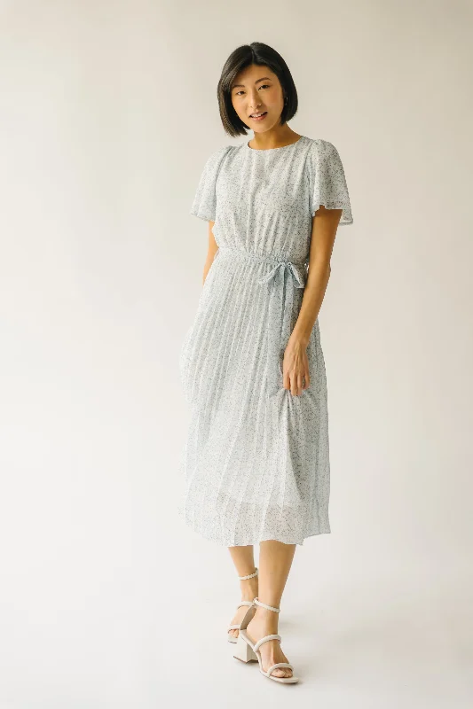 The Thornhill Pleated Midi Dress in Ivory + Blue Floral