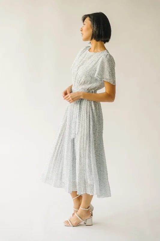 The Thornhill Pleated Midi Dress in Ivory + Blue Floral