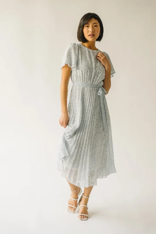 The Thornhill Pleated Midi Dress in Ivory + Blue Floral