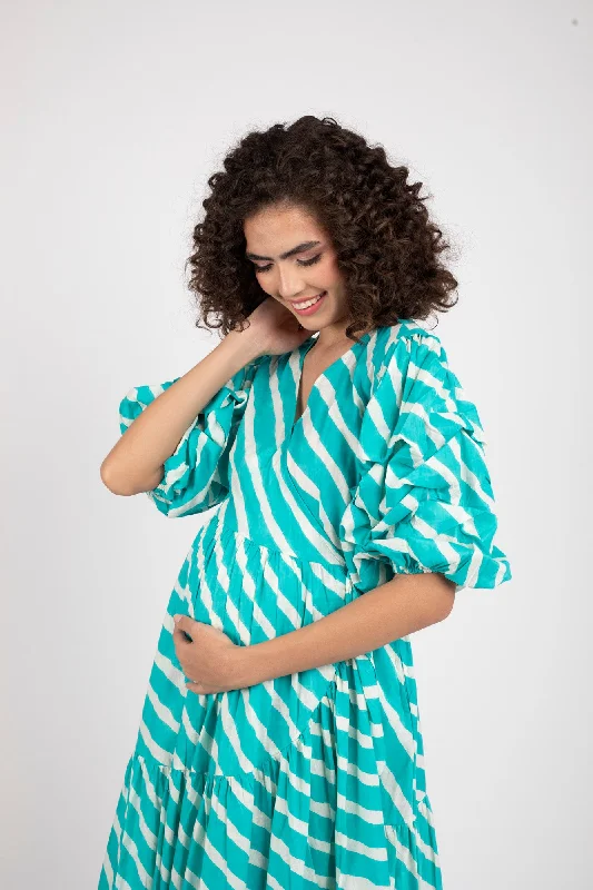 Tiffany Blue Stripe Maternity & Nursing Frill Wrap Dress (100% Cotton)