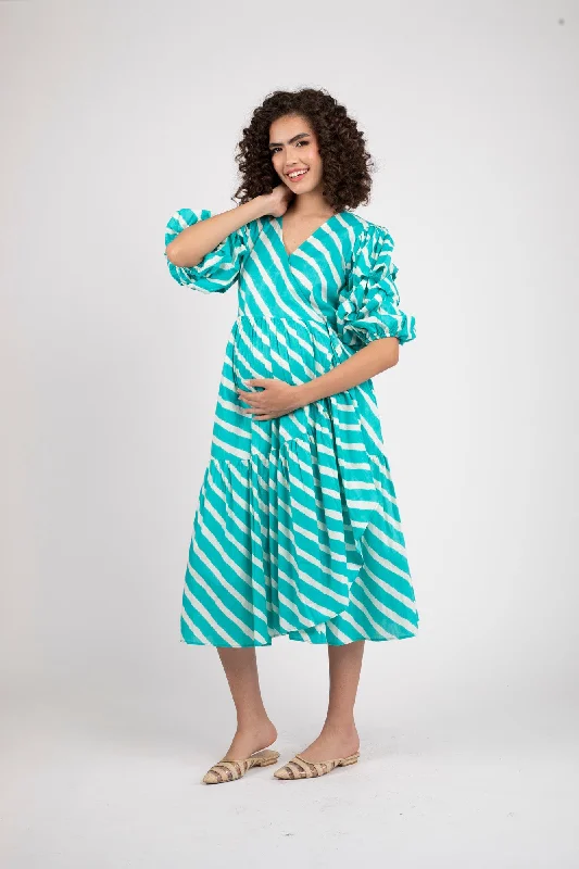 Tiffany Blue Stripe Maternity & Nursing Frill Wrap Dress (100% Cotton)