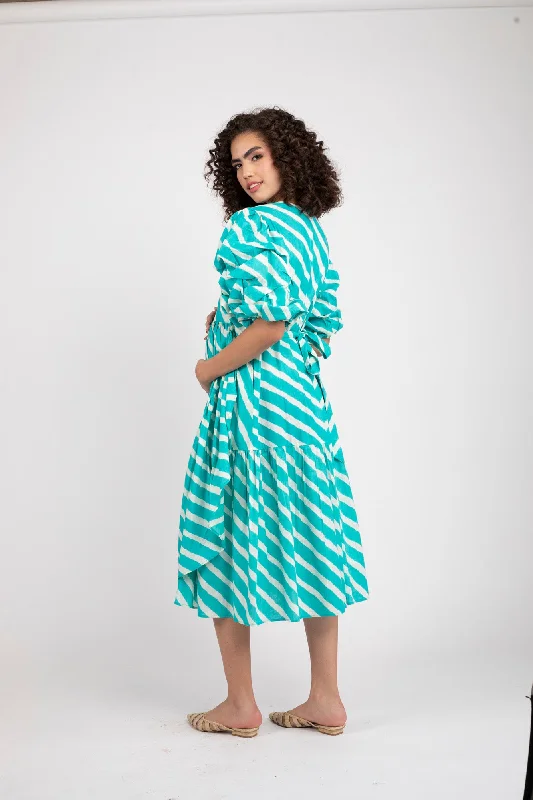 Tiffany Blue Stripe Maternity & Nursing Frill Wrap Dress (100% Cotton)