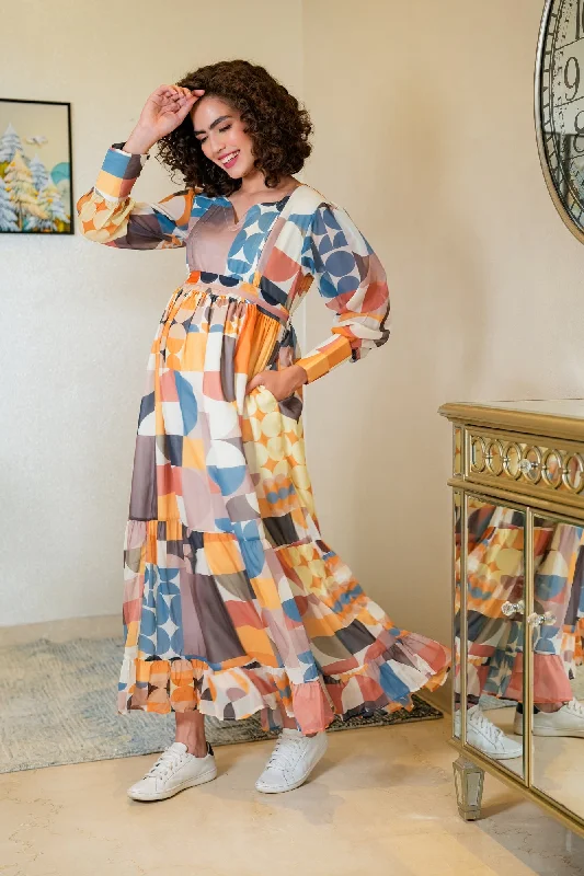 Vintage Geometric Maternity And Nursing Frill Dress