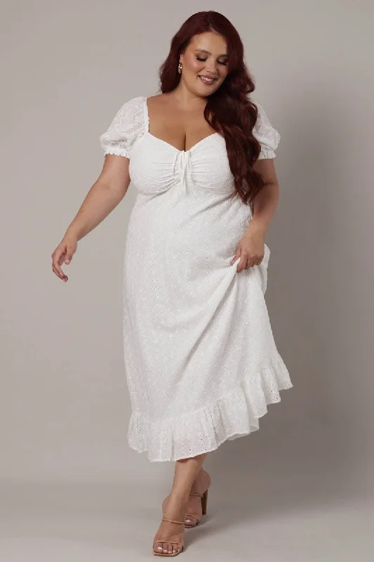 White Eyelet Cotton Midi Dress Tie Front Puff Sleeve