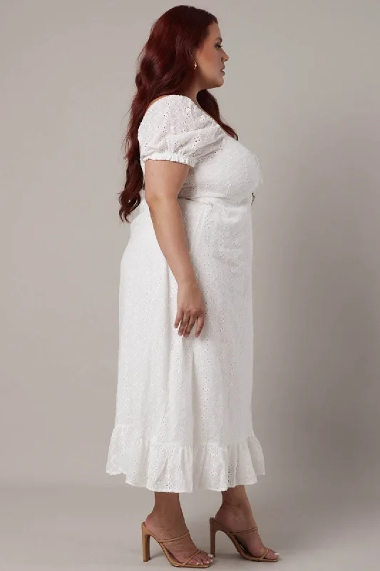 White Eyelet Cotton Midi Dress Tie Front Puff Sleeve