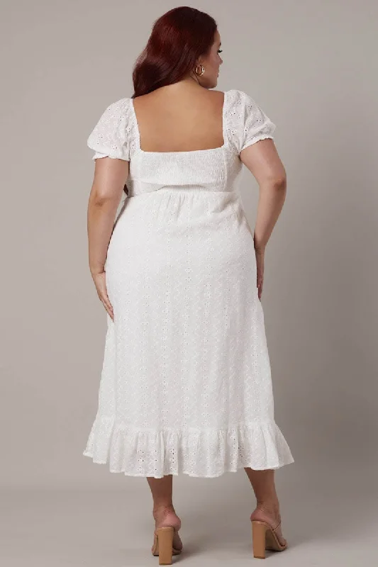 White Eyelet Cotton Midi Dress Tie Front Puff Sleeve