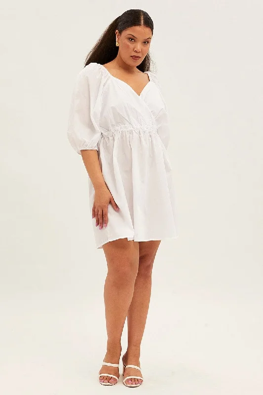 White Mini Dress Short Puff Sleeve Gather Detail