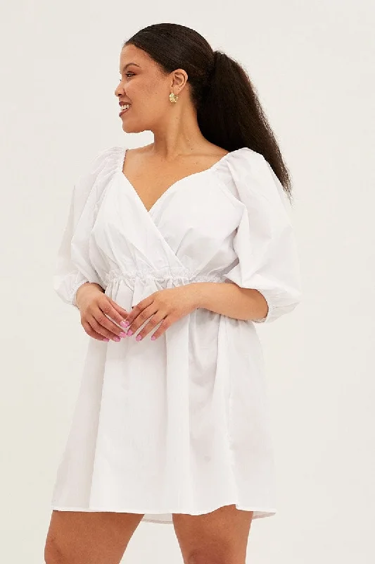 White Mini Dress Short Puff Sleeve Gather Detail