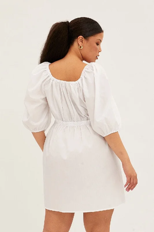 White Mini Dress Short Puff Sleeve Gather Detail