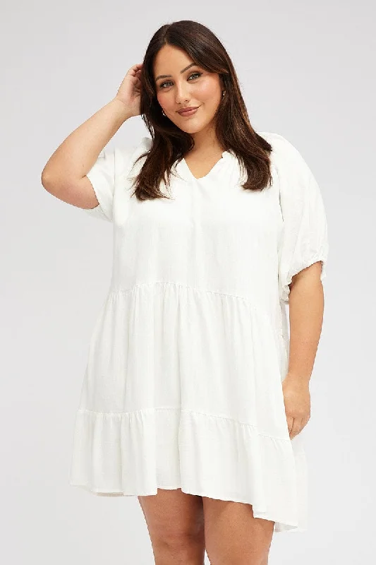 White Swing Dress Mini Half Sleeve V-neck Linen Blend