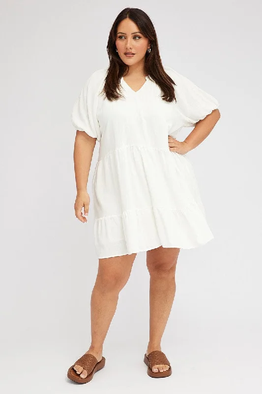 White Swing Dress Mini Half Sleeve V-neck Linen Blend