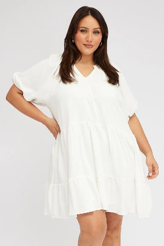 White Swing Dress Mini Half Sleeve V-neck Linen Blend