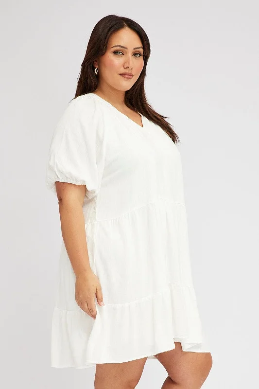 White Swing Dress Mini Half Sleeve V-neck Linen Blend