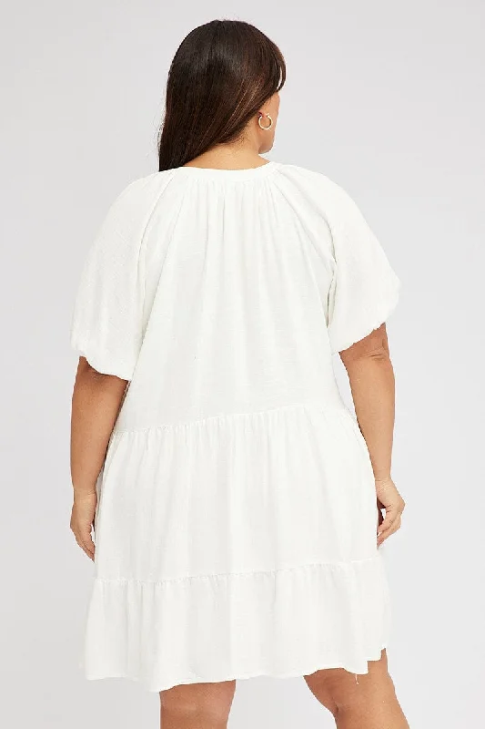 White Swing Dress Mini Half Sleeve V-neck Linen Blend