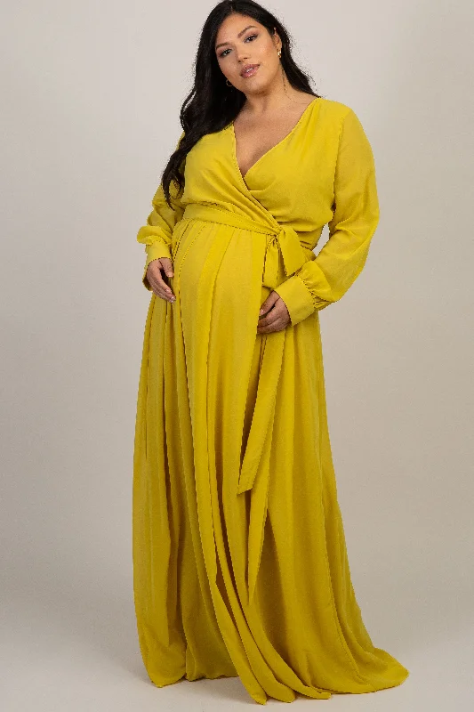 Yellow Chiffon Long Sleeve Plus Maternity Maxi Dress