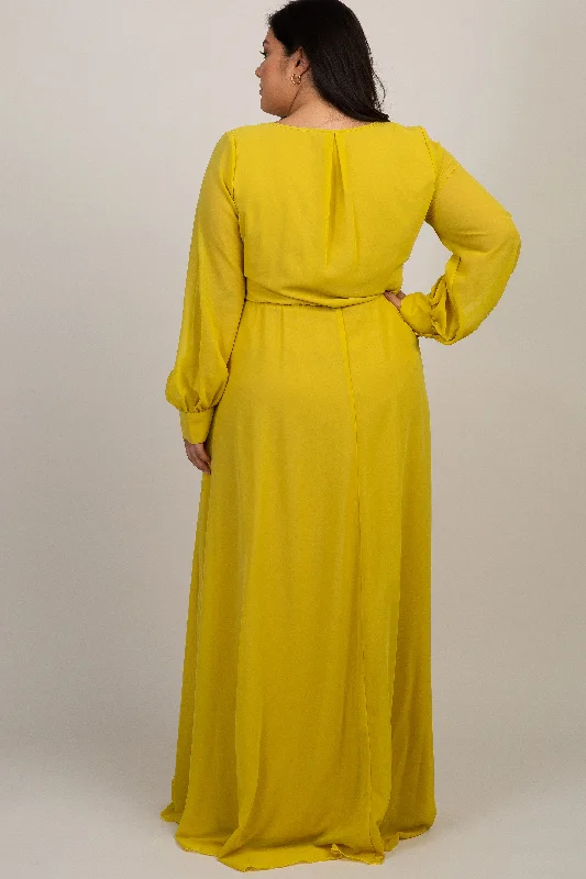 Yellow Chiffon Long Sleeve Plus Maternity Maxi Dress