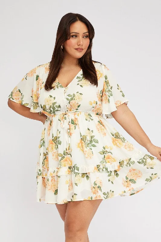 Yellow Floral Mini Dress Button Front Frill Hem